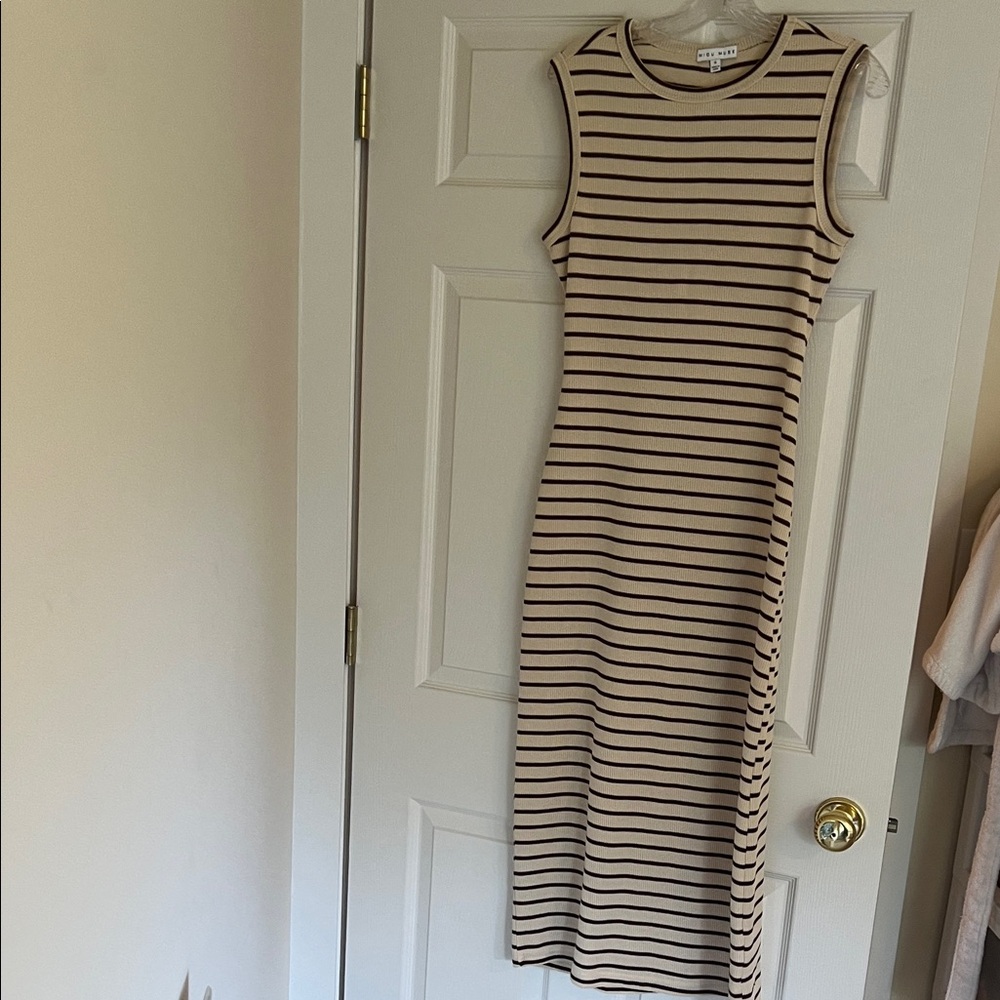 Elegant Beige Striped Midi Dress